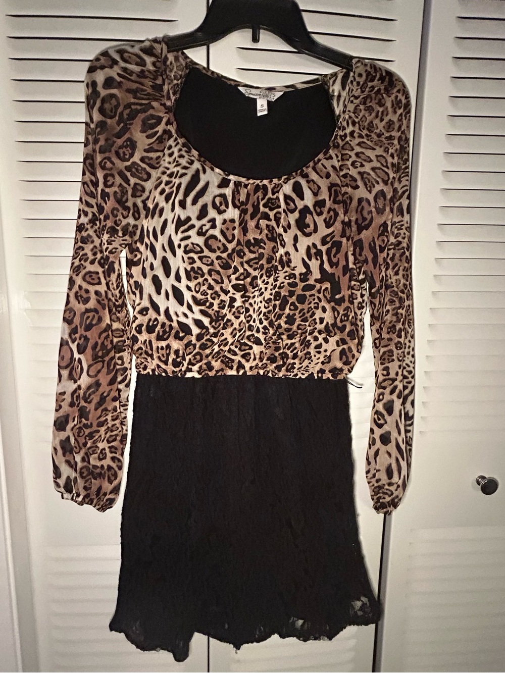 Speechless Leopard Print Long Sleeve Dress with Black Lace Skirt